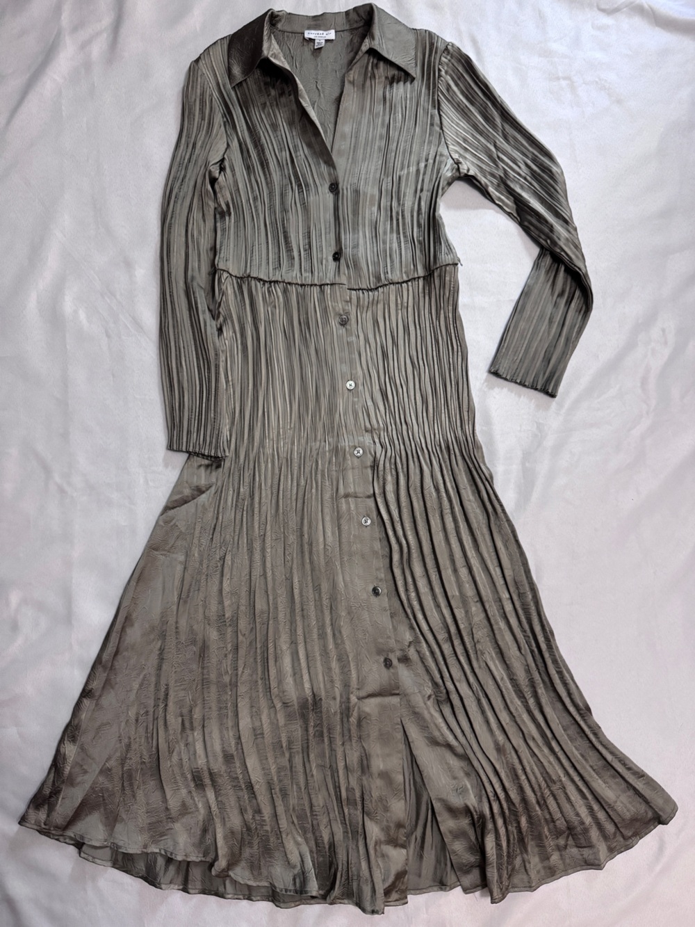 Anthro Current Air Olive Champagne Long-Sleeve Pleated Button Down Dress Size S